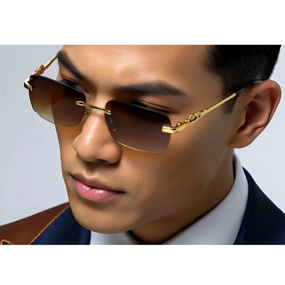 Men Rimless Brown Lens Gold Sunglasses Metal Leopard Sophisticated Hip Hop Style